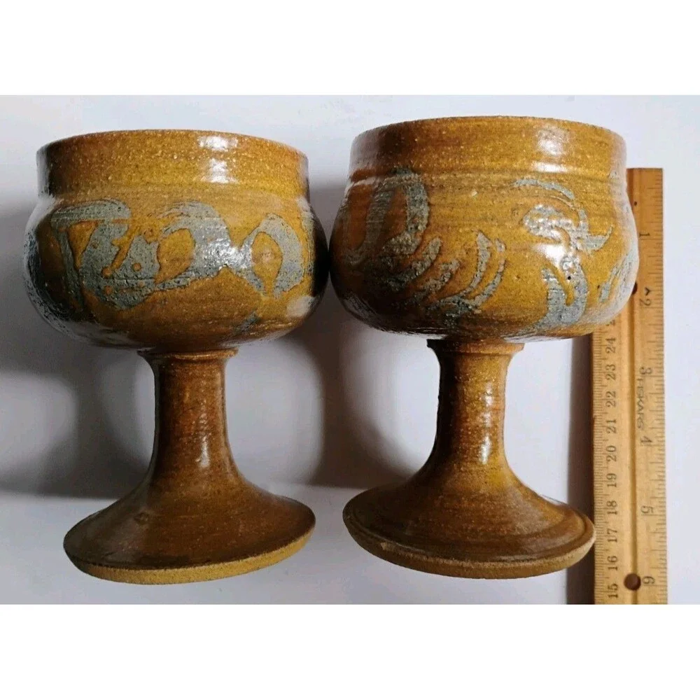 Vintage 1970s The Pottery Hawaii Steak House Stoneware Wine Goblets Pair